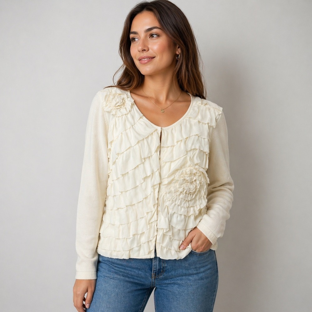 Michael Simon Cardigan Sweater Sz L Cream Silk Ruffle 3D Rosettes Hook Eye Close